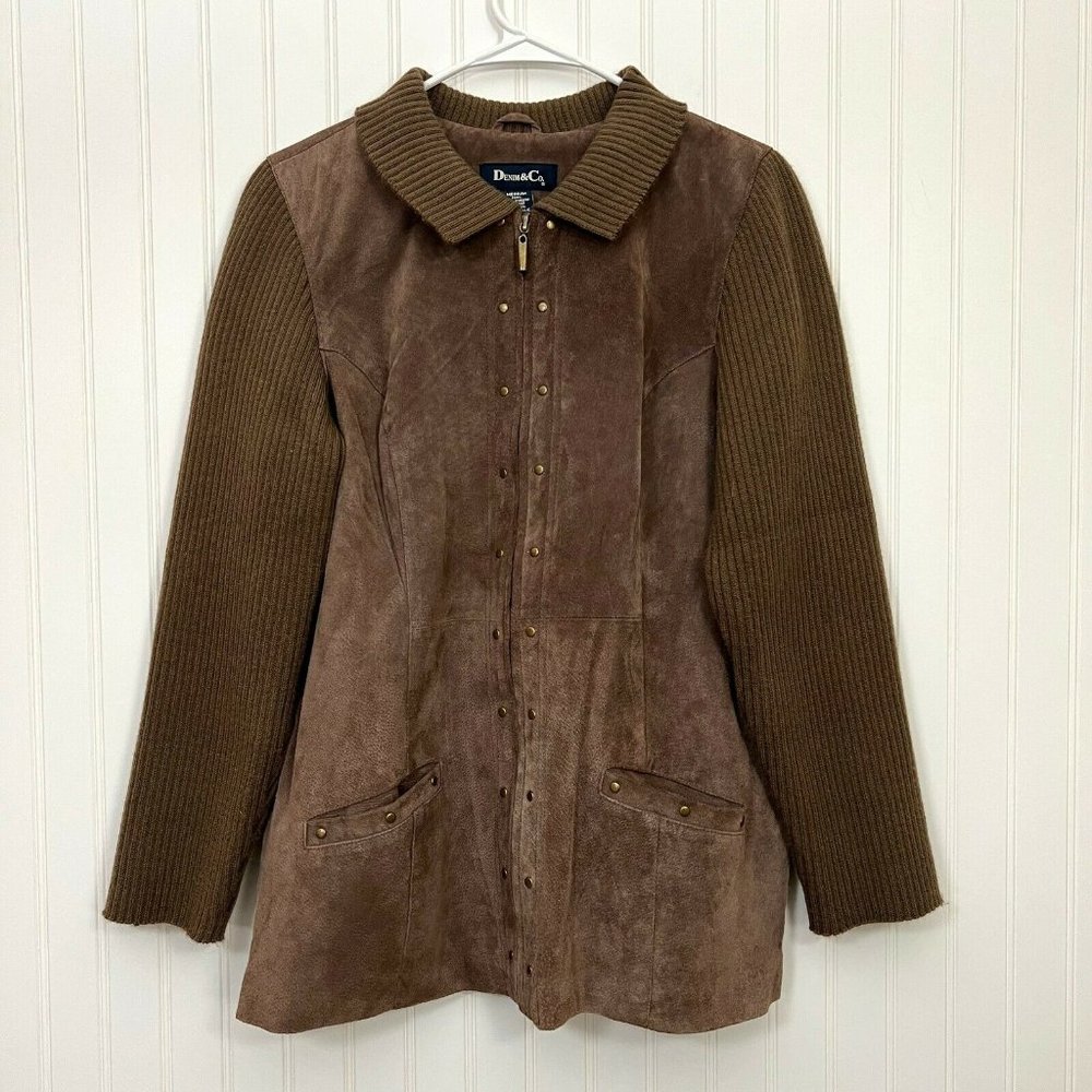 Denim & Co Suede Knit Sleeve Jacket Collared Fully Lined Zip Front Brown M. - Picture 1 of 6